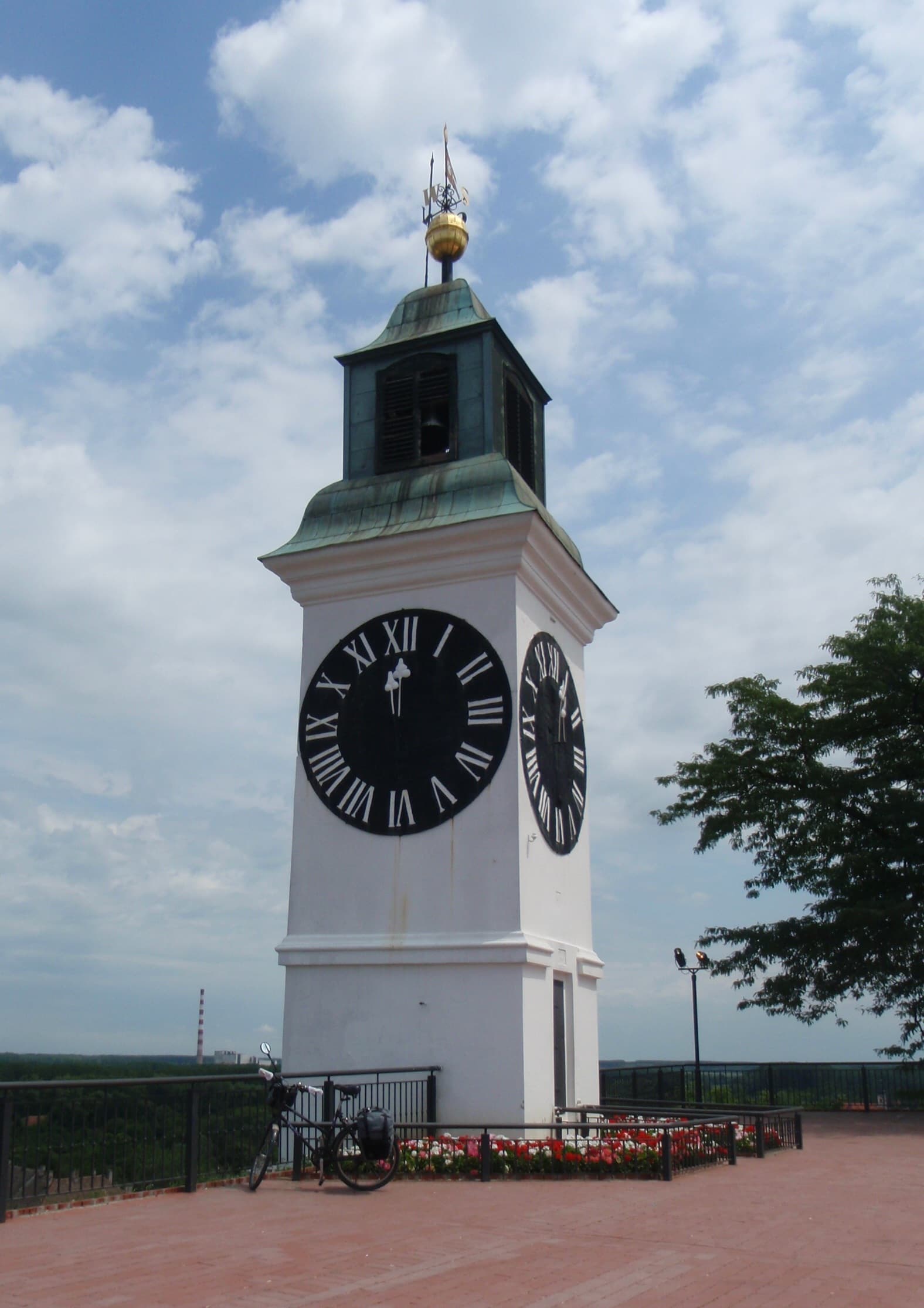 The clock tower at Petrovaradin Fortress overlooking the Danube in Novi Sad