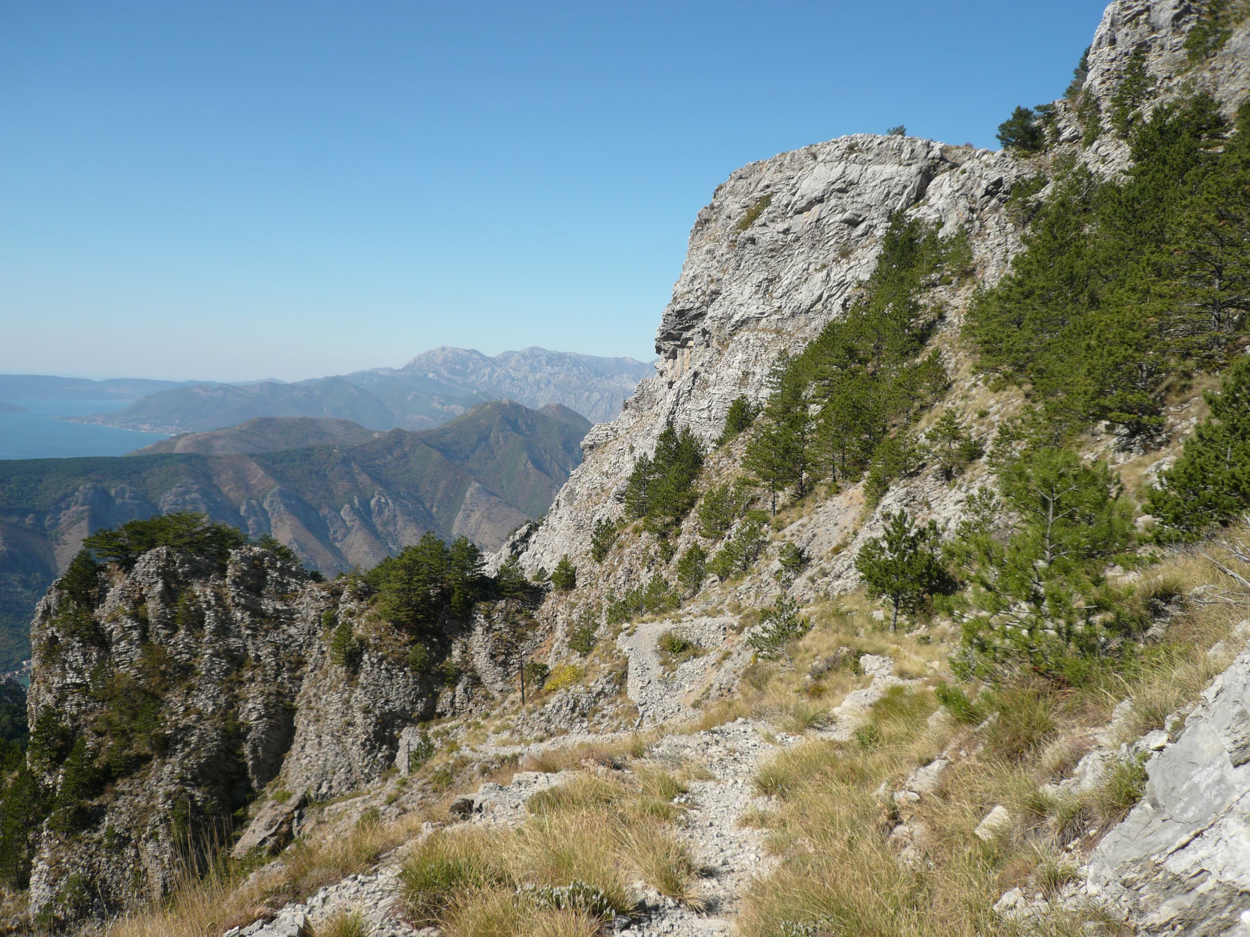 The mountains above the Bay of Kotor, seen from the Lovćen side the cable car climbs toward